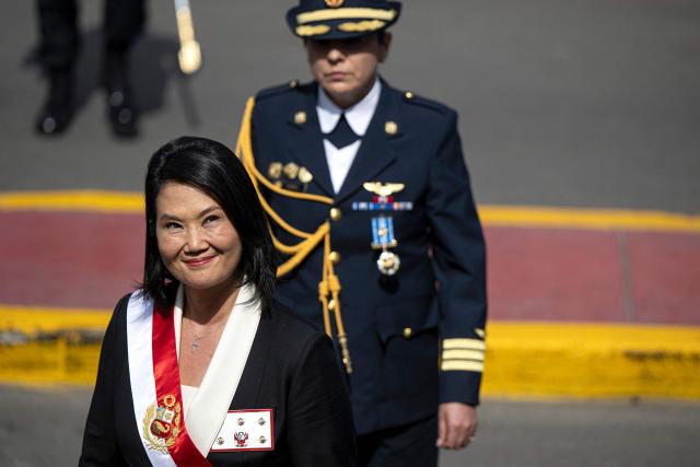 Peru's President Keiko Fujimori smiles during a military parade to celebrate Peru's National Holidays, in Lima on July 29, 2026. (Photo by ERNESTO BENAVIDES / AFP)