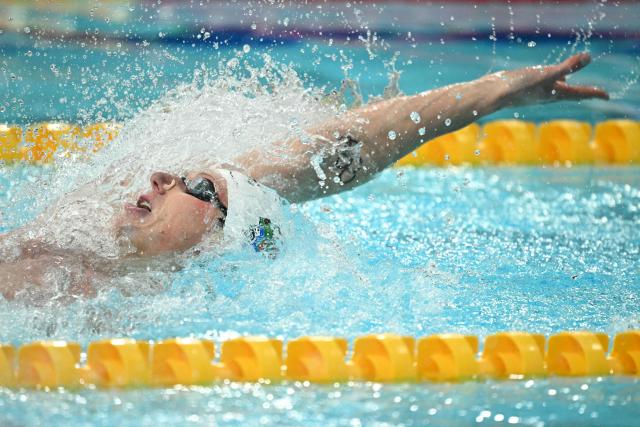 South Africa's Pieter Coetze competes in the Men's 100m Backstroke Final at the swimming event at the Tollcross International Swimming Centre in Glasgow, on day six of the Commonwealth Games in Glasgow, Scotland, on July 29, 2026. (Photo by Oli SCARFF / AFP)