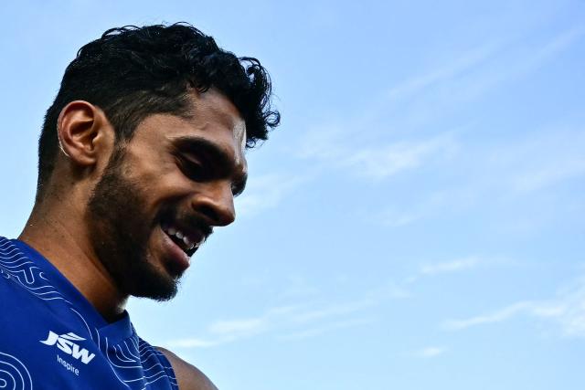 Second-placed India's Sreeshankar celebrates after competing in the men's long jump final during the athletics event at the Scotstoun Stadium in Glasgow, on day six of the Commonwealth Games in Glasgow, Scotland, on July 29, 2026. (Photo by Ben STANSALL / AFP)