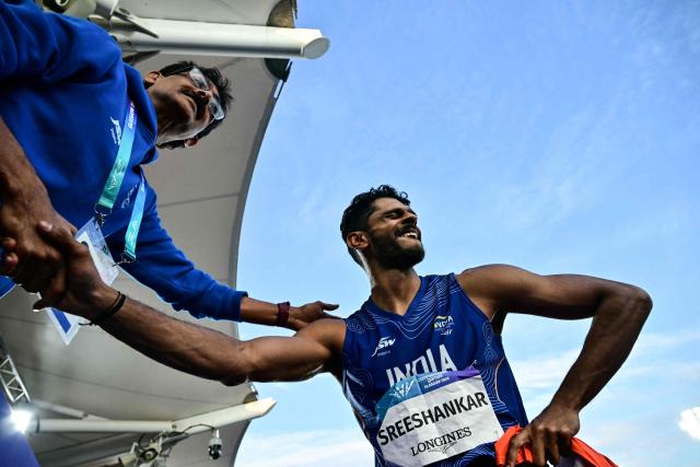 Second-placed India's Sreeshankar celebrates after competing in the men's long jump final during the athletics event at the Scotstoun Stadium in Glasgow, on day six of the Commonwealth Games in Glasgow, Scotland, on July 29, 2026. (Photo by Ben STANSALL / AFP)