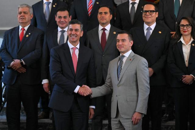 Paraguay's President Santiago Pena (L) shakes hands with Ecuador's President Daniel Noboa during a meeting at the Carondelet Palace in Quito on July 29, 2026. (Photo by Rodrigo BUENDIA / AFP)