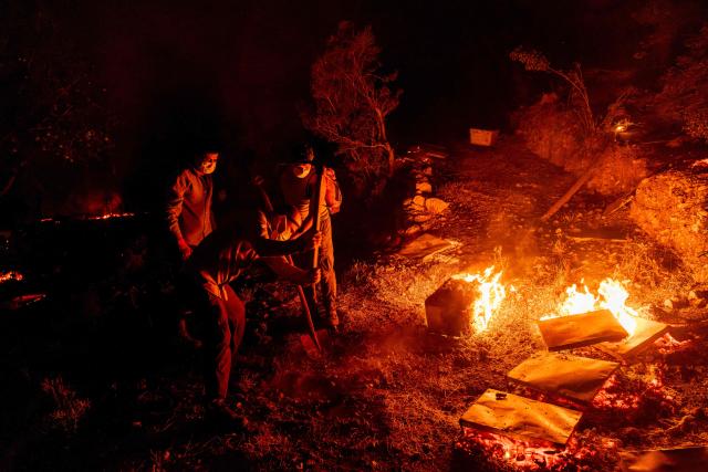 Firefighters and volunteers work to extinguish the flames engulfing bee hives during a wildfire at Seydikemer district in Mugla on July 29, 2026. Turkish firefighters on July 29, 2026, battled wildfires near the country's southern tourist beaches that have forced the evacuation of hundreds of people, authorities said. Hundreds of firefighters went up against the biggest fire in Mugla province, with more than 20 planes and helicopters bombing water on the flames, the agriculture ministry said. (Photo by Murat Kocabas / AFP)