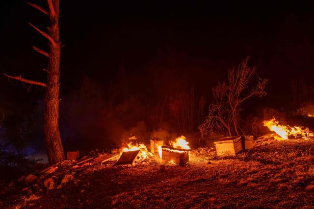 This photograph shows burning bee hives during a wildfire at Seydikemer district in Mugla on July 29, 2026. Turkish firefighters on July 29, 2026, battled wildfires near the country's southern tourist beaches that have forced the evacuation of hundreds of people, authorities said. Hundreds of firefighters went up against the biggest fire in Mugla province, with more than 20 planes and helicopters bombing water on the flames, the agriculture ministry said. (Photo by Murat Kocabas / AFP)