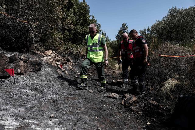 Members of the Recherche des Causes et Circonstances d'Incendie - RCCI of the Var department (Fire Causes and Circumstances Investigation) unit operate at the site of a suspected reignition point of a wildfire in Ponteves, south-eastern France on July 29, 2026. The RCCI comprises criminal investigation technicians from the French Gendarmerie, wildfire specialists from the fire service, and members of the National Forestry Office (ONF). Its role is to determine the cause of wildfires, including whether they were started deliberately or by natural causes. More than 600 people were evacuated on July 29, 2026, after a new fire broke out in the Var, south-east of Brignoles, spreading across about 100 hectares less than 24 hours after the Gros Bessillon wildfire, which burned 4,500 hectares over eight days, was brought under control. (Photo by Thibaud MORITZ / AFP)