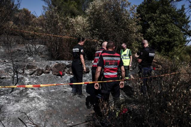 Members of the Recherche des Causes et Circonstances d'Incendie - RCCI of the Var department (Fire Causes and Circumstances Investigation) unit operate at the site of a suspected reignition point of a wildfire in Ponteves, south-eastern France on July 29, 2026. The RCCI comprises criminal investigation technicians from the French Gendarmerie, wildfire specialists from the fire service, and members of the National Forestry Office (ONF). Its role is to determine the cause of wildfires, including whether they were started deliberately or by natural causes. More than 600 people were evacuated on July 29, 2026, after a new fire broke out in the Var, south-east of Brignoles, spreading across about 100 hectares less than 24 hours after the Gros Bessillon wildfire, which burned 4,500 hectares over eight days, was brought under control. (Photo by Thibaud MORITZ / AFP)