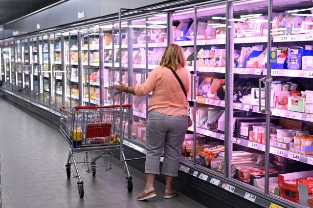 (FILES) A woman picks items from a shelf of the refrigerated section at a store of the Penny supermarket chain in Berlin, Germany, on August 1, 2023. German economic growth slowed in the second quarter but less than expected given the impact of the Middle East war, according to provisional figures released on July 30, 2026. Output in the EU's top economy rose 0.2 percent compared with the first three months of the year, statistics office Destatis said, 0.1 percentage point higher than predicted by analysts polled by financial platform FactSet. (Photo by Ina FASSBENDER / AFP)