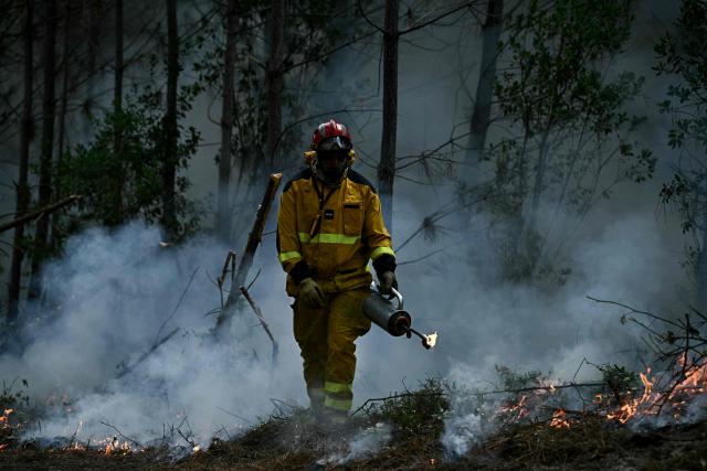 A firefighter holds a metal drip torch to ignite controlled fires in a forest in Le Porge, north of the Arcachon Basin, on July 30, 2026, during wildfires in the Gironde region, southwestern France. In France, the Gironde region reported a second calm night and said the massive fire west of France's wine-making capital of Bordeaux remained stable despite a spike in temperatures on July 29 as the fourth heatwave of the summer roasted the area. (Photo by Philippe Lopez / AFP)