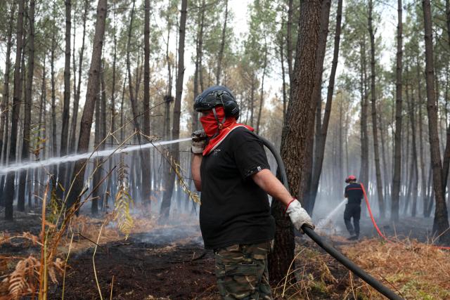 A firefighter (R) and a volunteer use water hoses as they work to extinguishing remaining hot spots and smoldering patches in Lanton, west of Bordeaux on July 30, 2026, as a wildfire has been ravaging the forest north of the Arcachon Basin (Gironde) since July 22. After eight gruelling days battling a massive wildfire that has ravaged 42,000 hectares in Gironde (south-west France), the firefighters can see the light at the end of the tunnel, but the flare-ups observed in recent days are keeping the emergency services on tenterhooks. (Photo by ALAIN JOCARD / AFP)