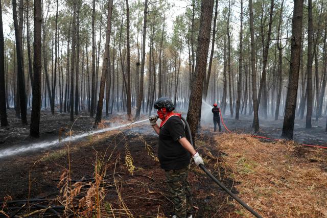 A firefighter (R) and a volunteer use water hoses as they work to extinguishing remaining hot spots and smoldering patches in Lanton, west of Bordeaux on July 30, 2026, as a wildfire has been ravaging the forest north of the Arcachon Basin (Gironde) since July 22. After eight gruelling days battling a massive wildfire that has ravaged 42,000 hectares in Gironde (south-west France), the firefighters can see the light at the end of the tunnel, but the flare-ups observed in recent days are keeping the emergency services on tenterhooks. (Photo by ALAIN JOCARD / AFP)