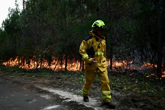 A firefighter walks past the fire as he surveys the scene during controlled fire operation in a forest in Le Porge, north of the Arcachon Basin, on July 30, 2026, during wildfires in the Gironde region, southwestern France. In France, the Gironde region reported a second calm night and said the massive fire west of France's wine-making capital of Bordeaux remained stable despite a spike in temperatures on July 29 as the fourth heatwave of the summer roasted the area. (Photo by Philippe Lopez / AFP)