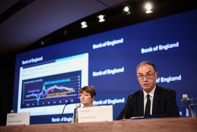 Bank of England (BoE) Governor Andrew Bailey (R) and BoE Deputy Governor Clare Lombardelli (L) attend the Monetary Policy Report press conference in London on July 30, 2026. (Photo by Henry Nicholls / POOL / AFP)