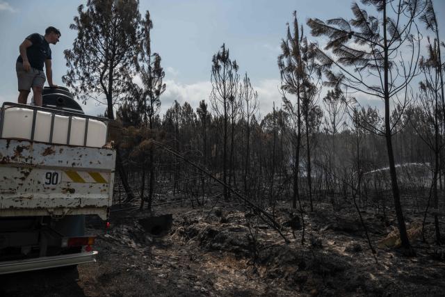 Volunteers spray water to prevent resurgent fires in a forest near Blagon, southwestern France on July 30, 2026. In France, temperatures cooled near the wine capital of Bordeaux, raising hopes that an end was near for the fire in a seaside pine forest that has displaced 220,000 people and destroyed around 240 homes. The regional firefighting service said they were "reasonably optimistic", after the fire that broke out a week ago had not progressed beyond 42,000 hectares -- an area larger than the US city of Detroit -- since the weekend. (Photo by Ed JONES / AFP)