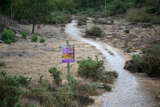 A sign alerting walkers to a high risk of fire, is pictured in dry scrubland, as a wildfire burns nearby, near Dunwich Heath in eastern England on July 30, 2026. Firefighters are continuing to battle a blaze in Suffolk on July 30, under "difficult conditions" with the fire which started the previous day, said to have ravaged around 100 hectares and forced some residents and holidaymakers to evacuate. (Photo by JUSTIN TALLIS / AFP)