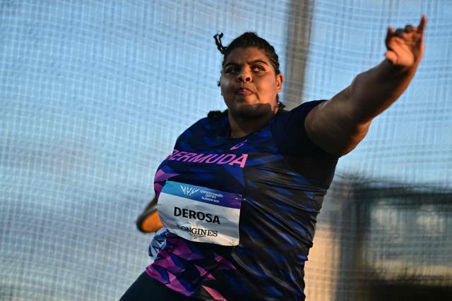 Bermuda's Tiara DeRosa competes in the women's discus throw final during the athletics event at the Scotstoun Stadium in Glasgow, on day seven of the Commonwealth Games in Glasgow, Scotland, on July 30, 2026. (Photo by Ben STANSALL / AFP)