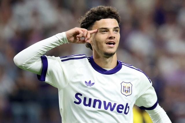 Anderlecht's Belgian forward #83 Tristan Degreef celebrates after scoring a goal during the UEFA Europa League second qualifying round second leg football match between Anderlecht and Hammarby at the Constant Vanden Stock Stadium in Brussels on July 30, 2026. (Photo by VIRGINIE LEFOUR / Belga / AFP) / Belgium OUT