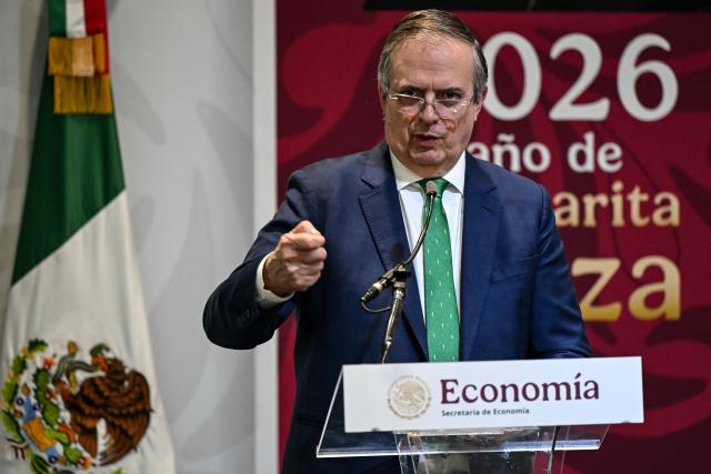 Mexican Secretary of Economy Marcelo Ebrard speaks during the announcement of an investment in the footwear industry as part of a campaign to support Mexican companies in Mexico City on July 30, 2026. (Photo by Yuri CORTEZ / AFP)