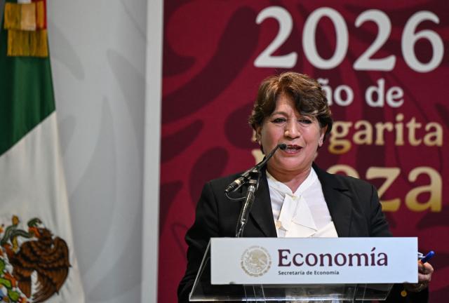 The Governor of the State of Mexico, Delfina Gomez, speaks during the announcement of an investment in the footwear industry as part of a campaign to support Mexican companies, in Mexico City on July 30, 2026. (Photo by Yuri CORTEZ / AFP)