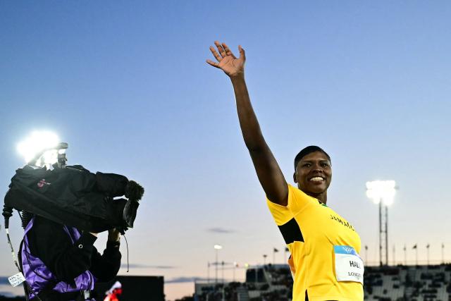Winner Jamaica's Samantha Hall celebrates following her victory in the women's discus throw final during the athletics event at the Scotstoun Stadium in Glasgow, on day seven of the Commonwealth Games in Glasgow, Scotland, on July 30, 2026. (Photo by Ben STANSALL / AFP)