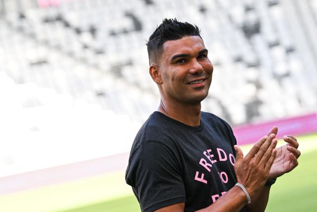 Brazilian midfielder Casemiro applauds as he's officially introduced as Inter Miami's new signing during an event at NU Stadium in Miami, Florida, on July 30, 2026. Casemiro, who has 91 caps for Brazil and won five Champions League titles with Spain's Real Madrid, was a free agent after Manchester United opted not to renew his contract following a mixed four-year stint at the Premier League giants. (Photo by CHANDAN KHANNA / AFP)