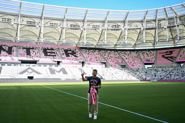 Brazilian midfielder Casemiro flashes a thumbs up as he's officially introduced as Inter Miami's new signing during an event at NU Stadium in Miami, Florida, on July 30, 2026. Casemiro, who has 91 caps for Brazil and won five Champions League titles with Spain's Real Madrid, was a free agent after Manchester United opted not to renew his contract following a mixed four-year stint at the Premier League giants. (Photo by CHANDAN KHANNA / AFP)