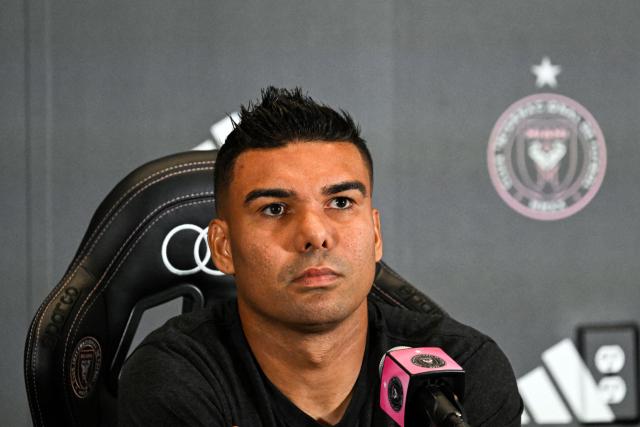 Brazilian midfielder Casemiro speaks at a press conference after he was officially introduced as Inter Miami's new signing during an event at NU Stadium in Miami, Florida, on July 30, 20226. Casemiro, who has 91 caps for Brazil and won five Champions League titles with Spain's Real Madrid, was a free agent after Manchester United opted not to renew his contract following a mixed four-year stint at the Premier League giants. (Photo by CHANDAN KHANNA / AFP)