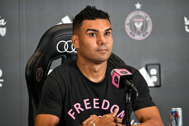 Brazilian midfielder Casemiro speaks at a press conference after he was officially introduced as Inter Miami's new signing during an event at NU Stadium in Miami, Florida, on July 30, 20226. Casemiro, who has 91 caps for Brazil and won five Champions League titles with Spain's Real Madrid, was a free agent after Manchester United opted not to renew his contract following a mixed four-year stint at the Premier League giants. (Photo by CHANDAN KHANNA / AFP)