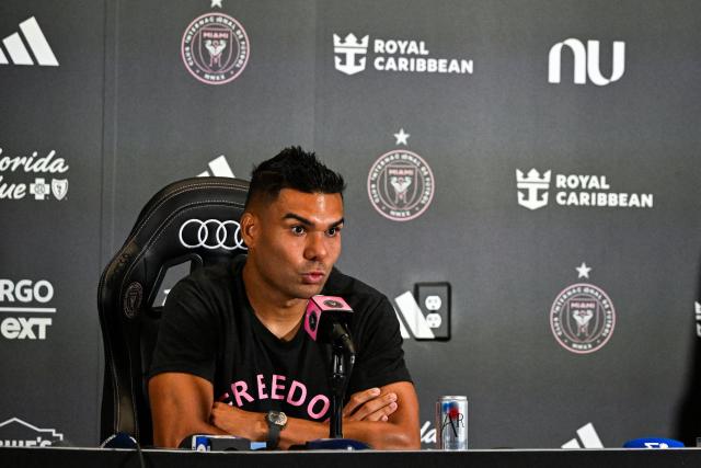 Brazilian midfielder Casemiro speaks at a press conference after he was officially introduced as Inter Miami's new signing during an event at NU Stadium in Miami, Florida, on July 30, 20226. Casemiro, who has 91 caps for Brazil and won five Champions League titles with Spain's Real Madrid, was a free agent after Manchester United opted not to renew his contract following a mixed four-year stint at the Premier League giants. (Photo by CHANDAN KHANNA / AFP)