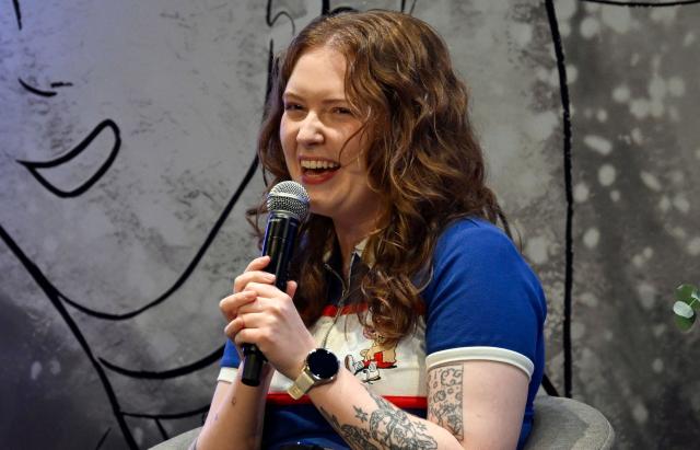 British author of Heartstopper Alice Oseman speaks during the presentation of the latest book in the Heartstopper saga at the Esperanza Iris Theater in Mexico City on July 30, 2026. The Heartstopper saga was adapted into a Netflix TV series and recently into a movie on the same platform. (Photo by Alfredo ESTRELLA / AFP)