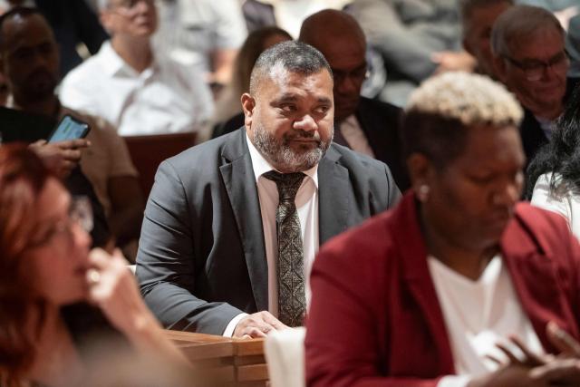 Milakulo Tukumuli, elected member of the Government of New Caledonia, candidate proposed by Le Rassemblement group, attends a formal session to elect members of the Government of New Caledonia at the Congress in Noumea on July 31, 2026. (Photo by Delphine Mayeur / AFP)