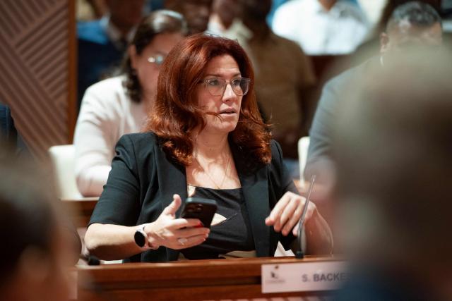 Sonia Backes, member of the Les Loyalistes group and President of South Province, attends a formal session to elect members of the Government of New Caledonia at the Congress in Noumea on July 31, 2026. (Photo by Delphine Mayeur / AFP)