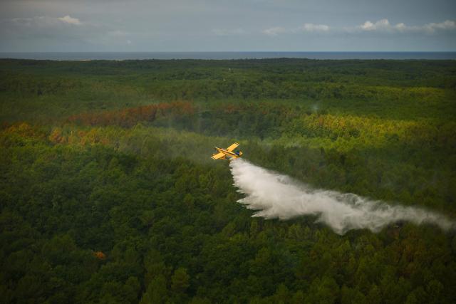 This aerial photograph taken from a French Civil Security rescue coordination helicopter shows an aircraft SE-MHO Air Tractor AT-802A Fire Boss dropping a load of water over a wildfire in Le Porge, south-western France on July 31, 2026, as a wildfire has been ravaging the forest north of the Arcachon Basin (Gironde) since July 22. (Photo by Sarah Meyssonnier / POOL / AFP)