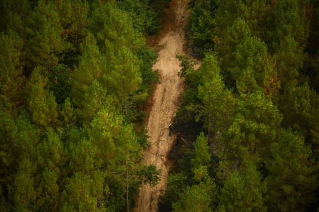 This aerial photograph taken from a French Civil Security rescue coordination helicopter shows firefighters operating in Le Porge, south-western France on July 31, 2026, as a wildfire has been ravaging the forest north of the Arcachon Basin (Gironde) since July 22. (Photo by Sarah Meyssonnier / POOL / AFP)