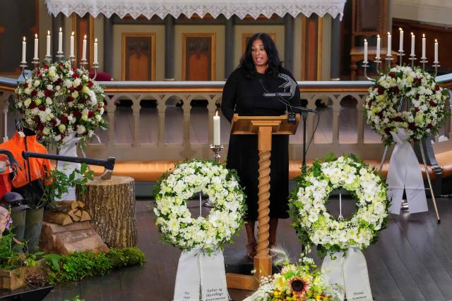 Norwegian Minister of Culture and Equality Lubna Jaffery addresses guests during the funeral service of late Olympic and World rowing champion Olaf Tufte, in Horten Church, in Horten, Norway on July 31, 2026. Tufte died from a heart attack on July 21, at the age of 50. He retired after the Tokyo Olympics in 2021, closing an elite international career lasting 26 seasons. (Photo by Terje Bendiksby / NTB / AFP) / Norway OUT