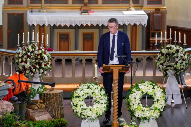 Acting director of Olympiatoppen, rower and rowing coach Tore Oevreboe addresses guests during the funeral service of late Olympic and World rowing champion Olaf Tufte, in Horten Church, in Horten, Norway on July 31, 2026. Tufte died from a heart attack on July 21, at the age of 50. He retired after the Tokyo Olympics in 2021, closing an elite international career lasting 26 seasons. (Photo by Terje Bendiksby / NTB / AFP) / Norway OUT