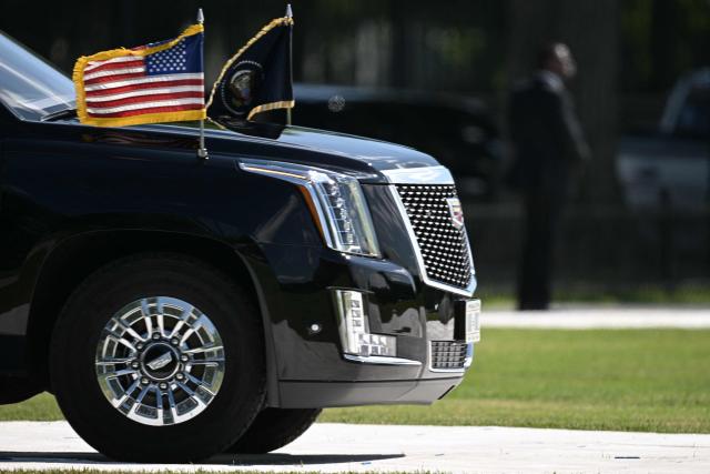 The Beast, part of the presidential motorcade, transports US President Donald Trump as he makes his way to board Marine One on the Ellipse near the White House in Washington, DC, on July 31, 2026. President Trump is traveling to Camp David in Maryland to hold a cabinet meeting and later to Bedminster, New Jersey to spend the weekend at his golf club. (Photo by Oliver Contreras / AFP)