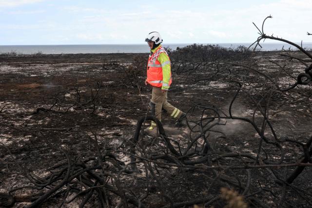 A firefighter walks on scorched burnt-out heath land, following a wildfire, at Dunwich Heath in eastern England on July 31, 2026. Firefighters in eastern England were "making good progress" Thursday battling a "dynamic" wildfire which has engulfed swathes of heathland and prompted the evacuation of dozens of residents and visitors, local officials said. (Photo by Humphrey Nemar / POOL / AFP)