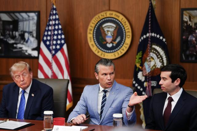 US Secretary of Defense Pete Hegseth (C) speaks alongside US President Donald Trump (L) and Acting Labor Secretary Keith Sonderling during a Cabinet meeting at Camp David in Maryland, on July 31, 2026. (Photo by Aaron Schwartz / AFP)