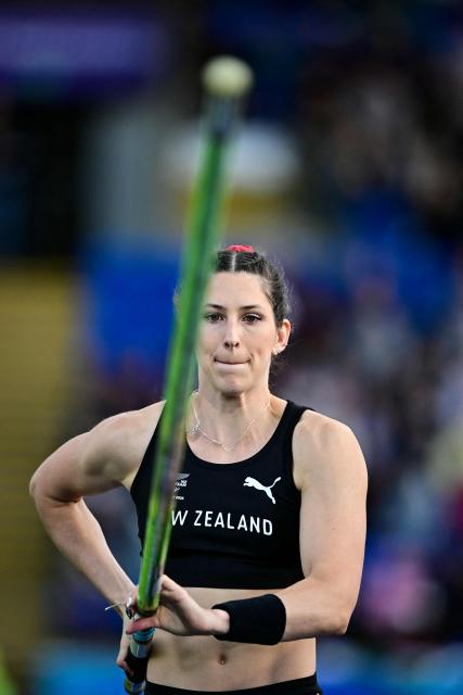 New Zealand's Eliza McCartney competes in the women's pole vault final during the athletics event at the Scotstoun Stadium in Glasgow, on day eight of the Commonwealth Games in Glasgow, Scotland, on July 31, 2026. (Photo by Ben STANSALL / AFP)