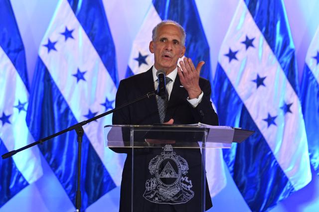 Hondura's President Nasry Asfura speaks during a press conference at the Presidential Palace in Tegucigalpa on July 31, 2026. Asfura outlined the main achievements, results and actions of the administration's first six months in office. (Photo by Orlando SIERRA / AFP)