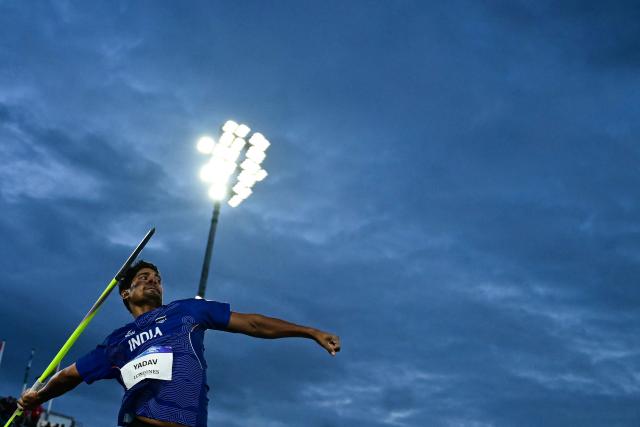 India's Rohit Yadav competes in the men's javelin throw final during the athletics event at the Scotstoun Stadium in Glasgow, on day eight of the Commonwealth Games in Glasgow, Scotland, on July 31, 2026. (Photo by Ben STANSALL / AFP)