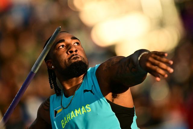 Bahamas' Keyshawn Strachan competes in the men's javelin throw final during the athletics event at the Scotstoun Stadium in Glasgow, on day eight of the Commonwealth Games in Glasgow, Scotland, on July 31, 2026. (Photo by Ben STANSALL / AFP)
