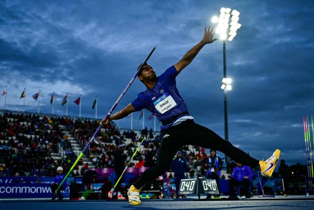 India's Yash Vir Singh competes in the men's javelin throw final during the athletics event at the Scotstoun Stadium in Glasgow, on day eight of the Commonwealth Games in Glasgow, Scotland, on July 31, 2026. (Photo by Ben STANSALL / AFP)