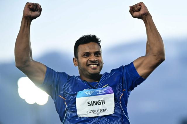Third-placed India's Yash Vir Singh celebrates after competing in the men's javelin throw final during the athletics event at the Scotstoun Stadium in Glasgow, on day eight of the Commonwealth Games in Glasgow, Scotland, on July 31, 2026. (Photo by Ben STANSALL / AFP)