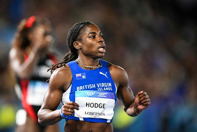 Winner British Virgin Islands' Adaejah Hodge celebrates after competing in the women's 200m final during the athletics event at the Scotstoun Stadium in Glasgow, on day eight of the Commonwealth Games in Glasgow, Scotland, on July 31, 2026. (Photo by ANDY BUCHANAN / AFP)