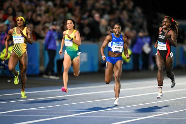 (From L) Jamaica's Ashanti Moore, Australia's Torrie Lewis, British Virgin Islands' Adaejah Hodge and Trinidad and Tobago's Shaniqua Bascombe compete in the women's 200m final during the athletics event at the Scotstoun Stadium in Glasgow, on day eight of the Commonwealth Games in Glasgow, Scotland, on July 31, 2026. (Photo by ANDY BUCHANAN / AFP)