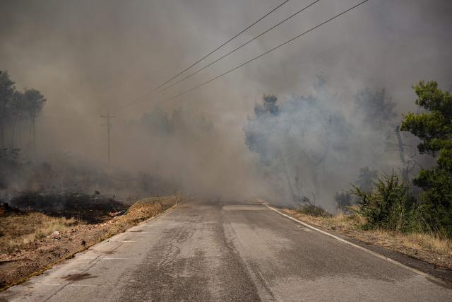 This photograph shows smoke rising over a road from burning vegetation hit by a wildfire in the area of Porto Germeno, some 70 kilometres (45 miles) northwest of Athens in the region of Viotia, on August 2, 2026. Greece on August 2, 2026, faced multiple fronts and a growing damage toll after a week of wildfires devastated over 12,000 hectares of forest and agricultural land, experts said. Porto Germeno and other villages were evacuated when the fire broke out on July 31, but local authorities say scores of homes were damaged or destroyed. Hit hard by the climate crisis like the rest of the Mediterranean region, the country is plagued by wildfires every summer due to high temperatures, frequent heat waves, and drought. (Photo by Angelos TZORTZINIS / AFP)