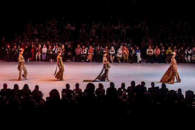Models wear contemporary ulos (a traditional woven product of the Batak people from North Sumatra) designs themed "Legacy of North Sumatra" by designer Zul Zaid during the Indonesia Fashion Week in Jakarta on August 2, 2026. (Photo by ADITYA IRAWAN / AFP)