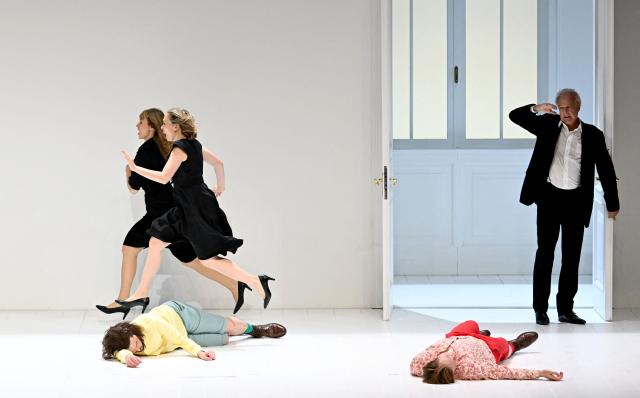 (L-R) Victoria Karkacheva (Dorabella), Elsa Dreisig (Fiordiligi), Andrè Schuen (Guglielmo), Bogdan Volkov (Ferrando), Johannes Martin Kraenzle (Don Alfonso) perform on stage during a dress rehearsal for the opera "Cosi fan tutte" by Austrian Composer and musician Wolfgang Amadeus Mozart in Salzburg on August 2, 2026 during the Salzburg Festival. (Photo by BARBARA GINDL / APA / AFP) / Austria OUT
