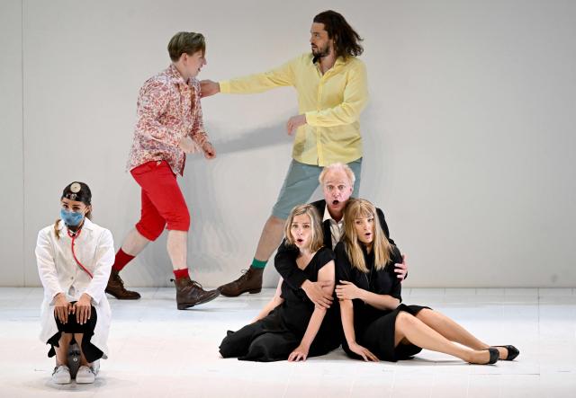 (L-R) Lea Desandre (Despina), Bogdan Volkov (Ferrando), Elsa Dreisig (Fiordiligi), Andre Schuen (Guglielmo), Johannes Martin Kränzle (Don Alfonso), Victoria Karkacheva (Dorabella) perform on stage during a dress rehearsal for the opera "Cosi fan tutte" by Austrian Composer and musician Wolfgang Amadeus Mozart in Salzburg on August 2, 2026 during the Salzburg Festival. (Photo by BARBARA GINDL / APA / AFP) / Austria OUT
