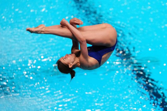 Ukraine's diver Diana Karnafel competes in the women’s 1m springboard diving final event during the LEN European Aquatics Championships, at the Olympic Aquatics Centre in Saint-Denis, northeastern suburbs of Paris, on August 2, 2026. (Photo by Dimitar DILKOFF / AFP)